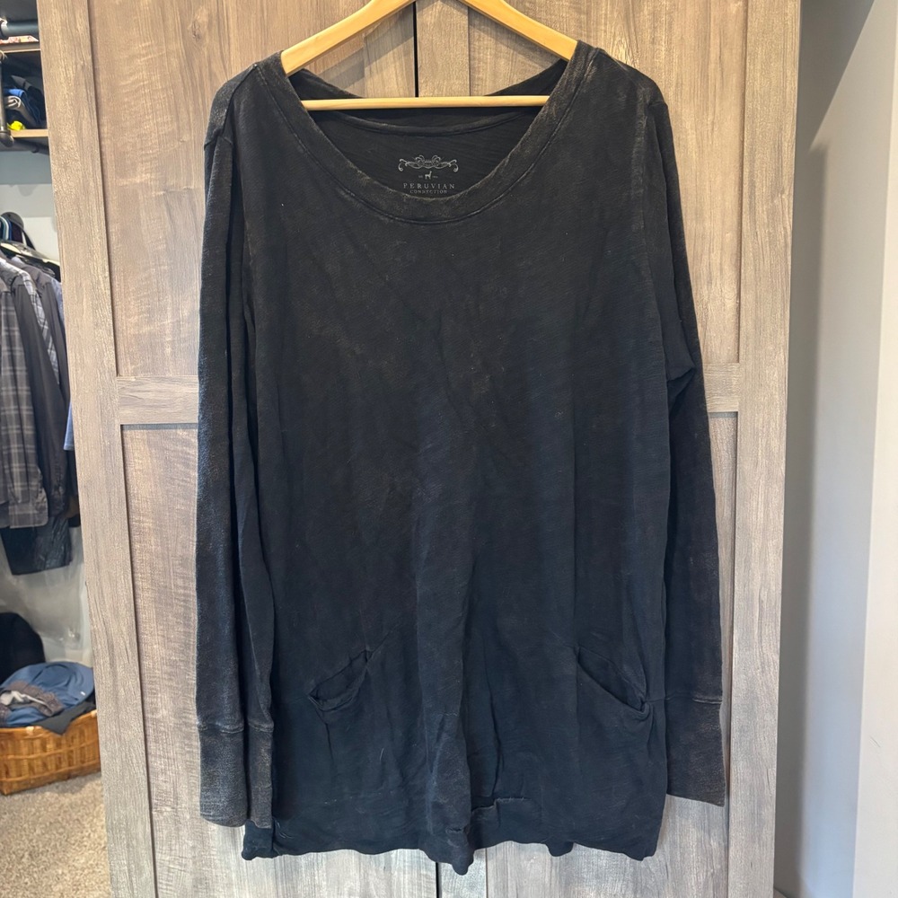 Peruvian Connection Black Mineral Wash Slub Knit Tunic Top XL Pockets Long Slv